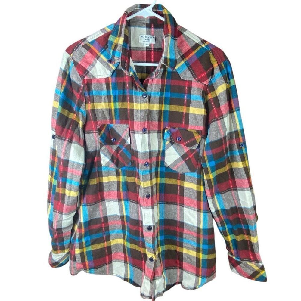 Match Stick Womens Multicolor Roll Sleeve Plaid Flannel Shirt Size Large